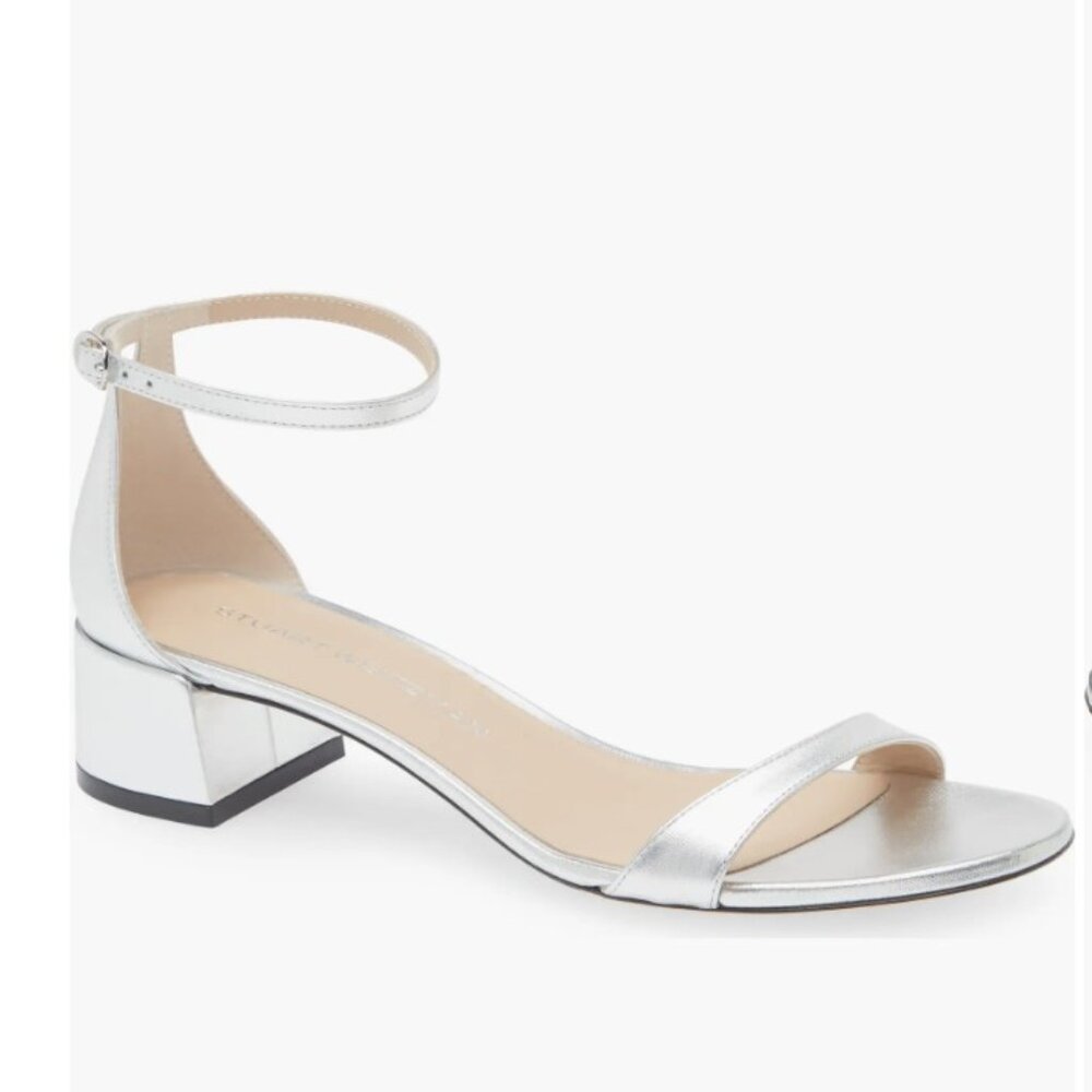 Stuart Weitzman Metallic Silver Block Heel Sandal… - image 1